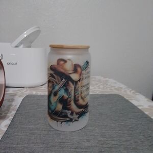 Frosted Glass Jar with Cowboy Design